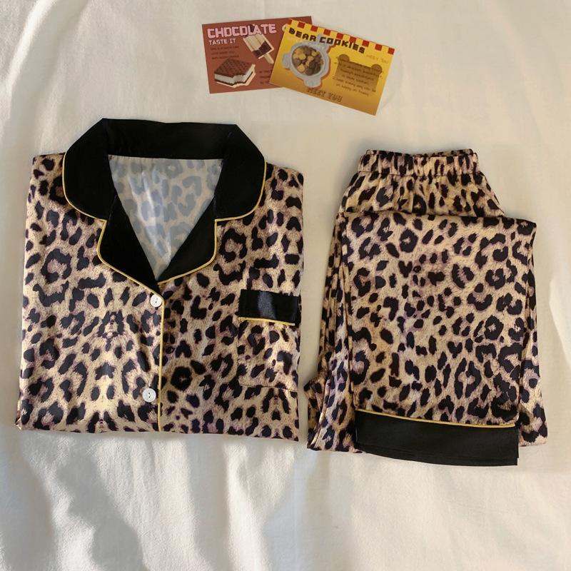 French Leopard Print Ice Silk Pajamas Women S Short-Sleeved Trousers Summer Nude Wind Loungewear Real Shot M