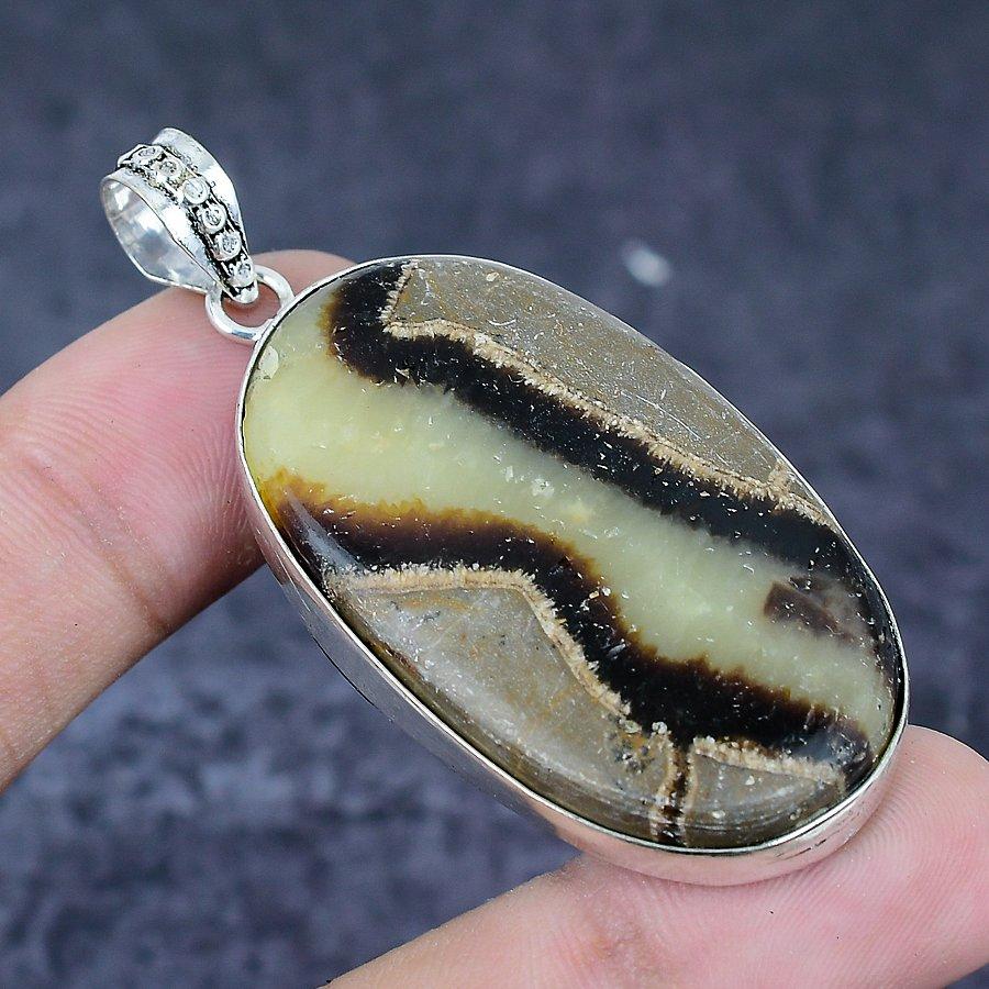 Natural Septerian Stone Gemstone 925 Sterling Silver Jewelry Pendant 2.32" W9C05