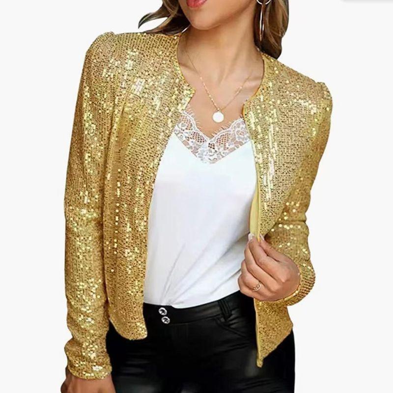 

Sequin Cardigan Jacket2024 Fashion round Neck Long Sleeves Cardigan Casual Easiest for Match Sequin Outwear Women Gold XL