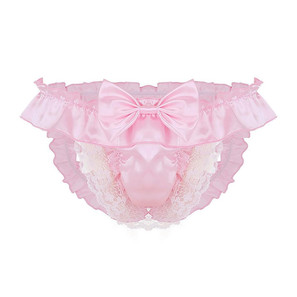 LYING Sexy Maid Cosplay Satin Fabric with Cute Bowknot and Lace Perfect for Perforated Breathable Size XL Men's T-Back Underwear, Costume, Trim,