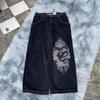 ZYLLO Y2K Jeans Goth Printed Graphic Bargy Jeans Fashion Hip Hop Streetwear Harajuku Casual Wide Leg Jeans
