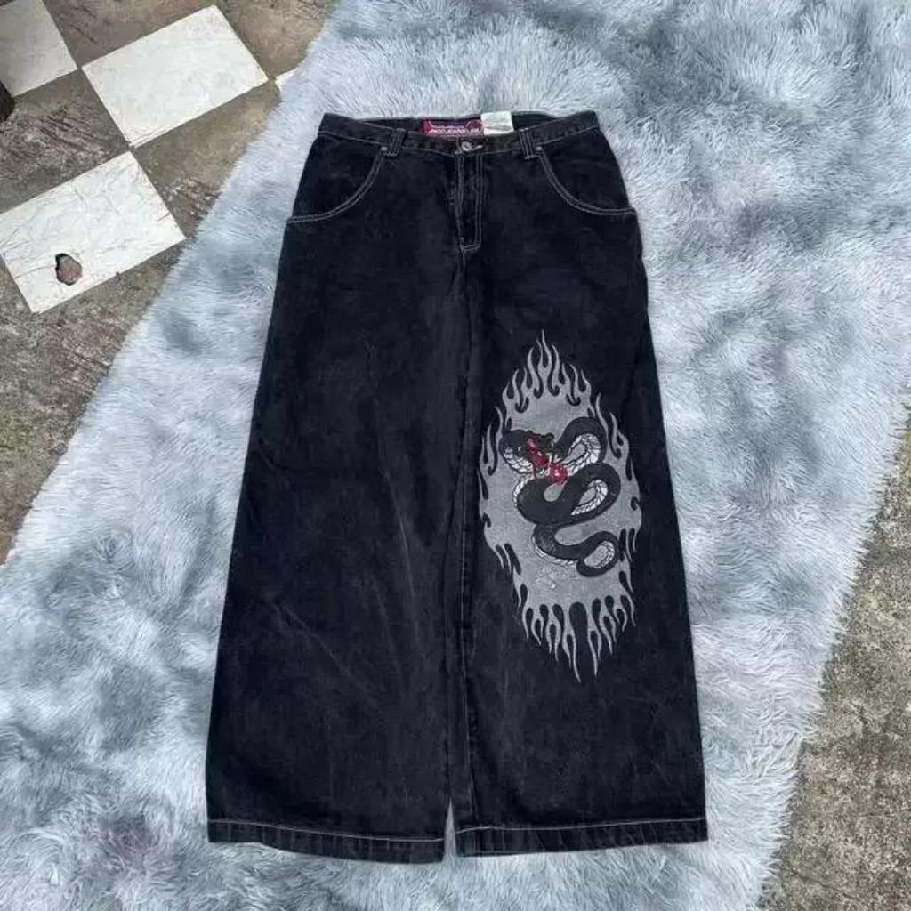 ZYLLO Y2K Jeans Goth Printed Graphic Bargy Jeans Fashion Hip Hop Streetwear Harajuku Casual Wide Leg Jeans