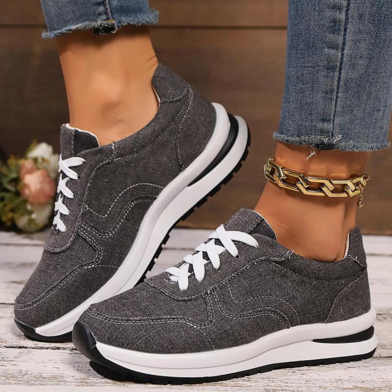 Fashion Blue Denim Platform Sneakers Women Fashion Thick Sole Lace Up Sports Shoes Woman Plus Size 43 Comfortable Casual Female Sneakers