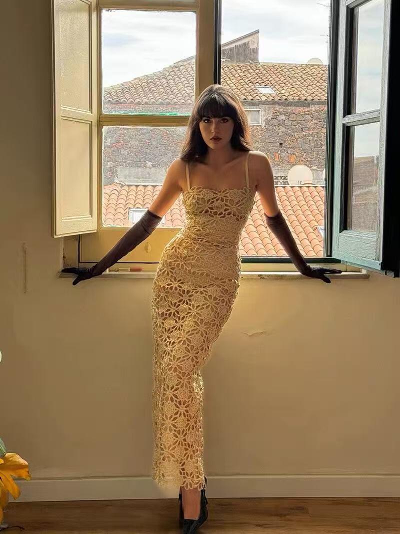 French Niche Champagne Gold Hollow Camisole Dress - Slim Fit, Slit Evening Gown Large шампанского/золотой