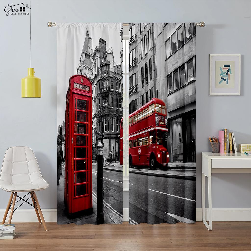 Black And White City Building 3D Printing Curtain Street View Building Red Bus Telephone Booth Simple Modern Decorative Curtain