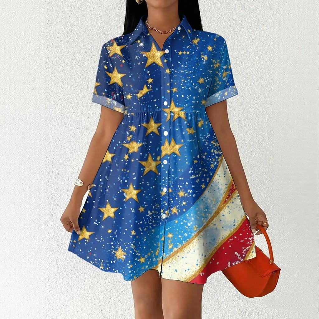 Women's Casual Loose Fit Shirt Dress Button Front Short Sleeve Collar Dress Independence Day Print Summer Dress