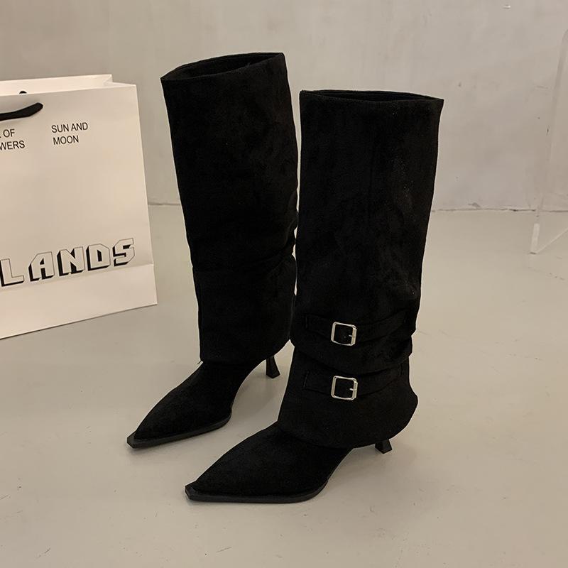 2025 New Two-wear Pointed-toed Thin-heeled High Boots Women's Suede Folds Piled Up But Knee Belt Buckle Boots