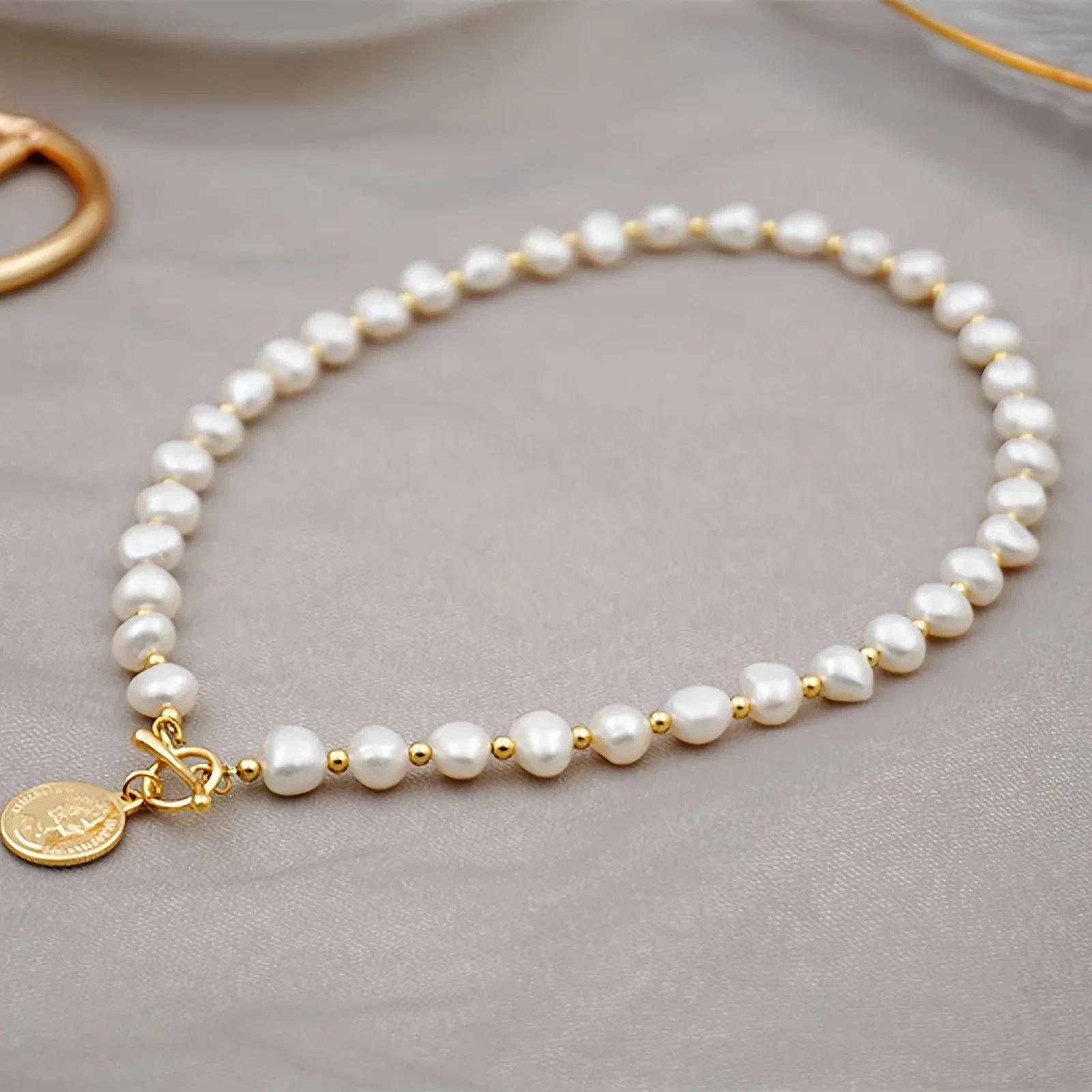 HENGSHENG 7-8mm 100% Baroque Freshwater Pearl Necklaces for Women 40cm Length OT Buckle Pearl Necklace Jewelry Gift white&40cm
