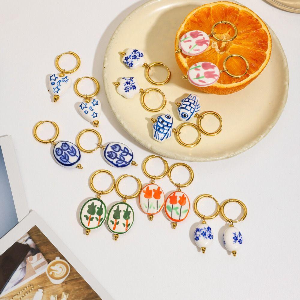 Chinese Style Ceramic Ear Buckle Dripping Oil Gold Hoop Earrings  Party