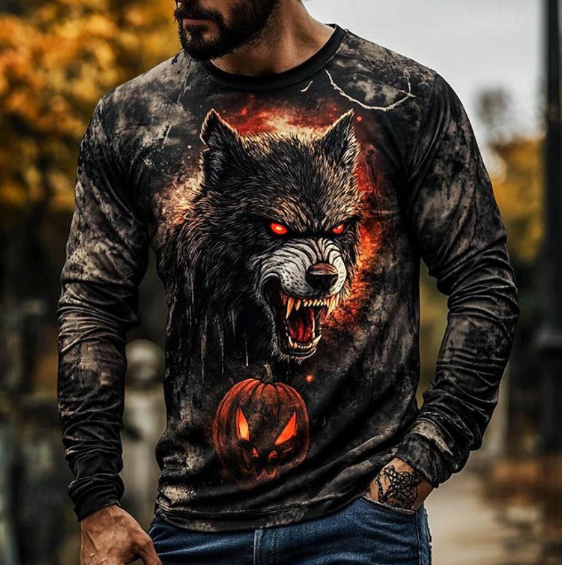 Herren Langarm-T-Shirt Horror-Kreatur 3D-Druck Gothic-Stil Halloween-Party Tägliches Streetwear Lässiges Oberteil