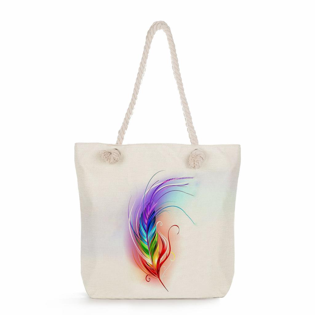 Feather print thick rope single-shoulder beach bag 7221