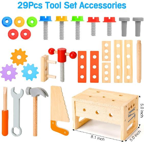 Wooden Tool Set for Kids 2 3 4 5 Year Old, 29Pcs Educational STEM Toys Toddler Montessori Toys for 2 Year Old Construction Preschool Learning
