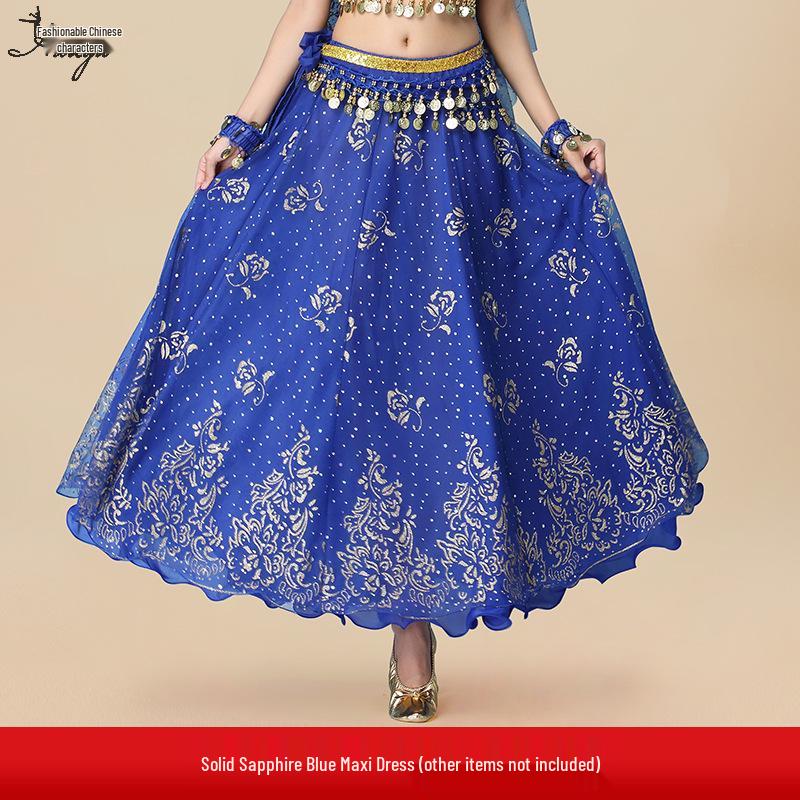 Fantasia de Apresentação de Dança do Ventre Indiana Huayu - Conjunto de Vestido de Manga Comprida de Chiffon para Mulheres