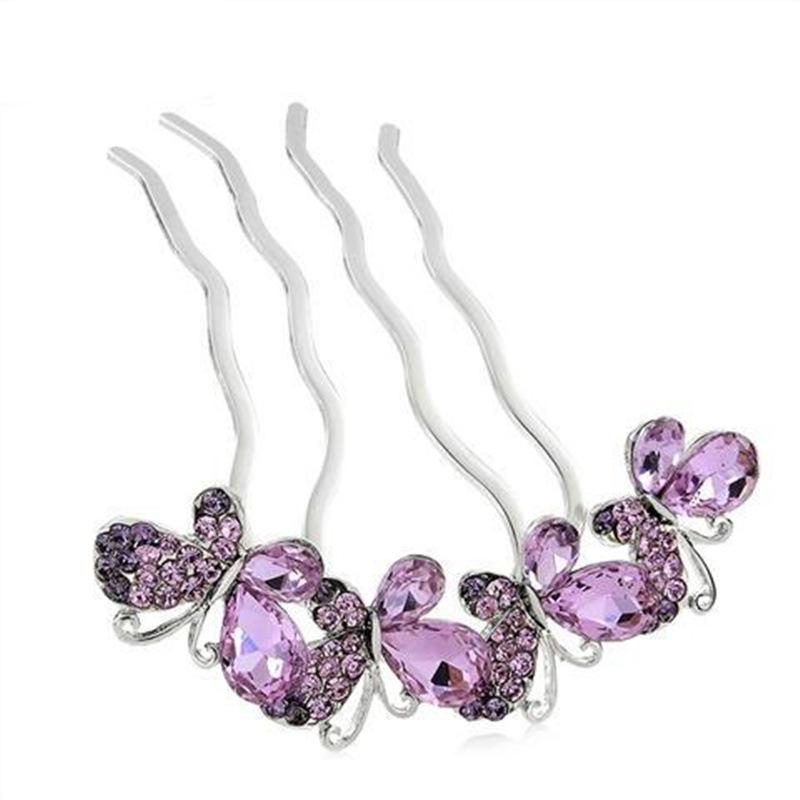 Korean Crystal Butterfly Alloy Four-Tooth Hair Comb - Elegant Updo Headwear Tool