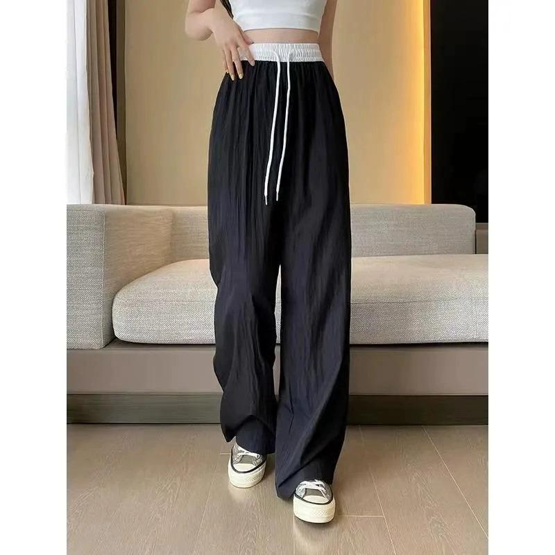 

145cm Petite Women s High Waist Color Block Wide Leg Pants - Summer Drawstring Draping Slimming Nine-Point Length XS (Recommended 60-79 jin)