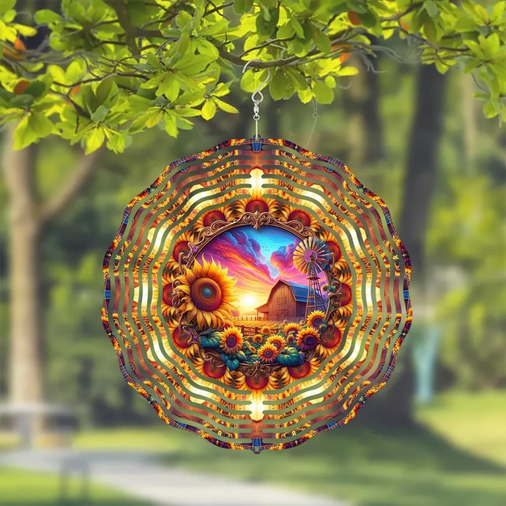 10 Inch Metal Wind Spinner for Garden Decor Vibrant Sunrise Geometric Design 360 Rotating Hook Indoor Outdoor Yard Art No Electricity