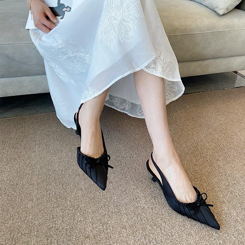 Women Pointed Toe Stiletto Heels Bow Pleated Open Back Sandals Chic Designer High Heel Shoes for Women