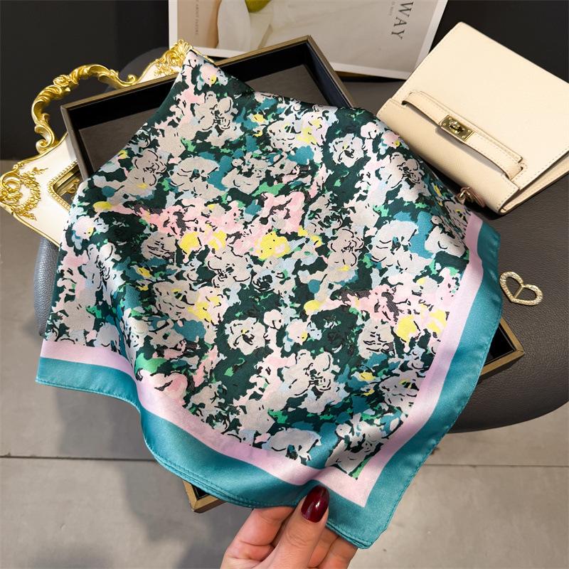 New Floral Print Shawl Square Scarf for Women Soft Satin Wraps Neckerchief Female Hair Bands Ribbon Headband Bandana
