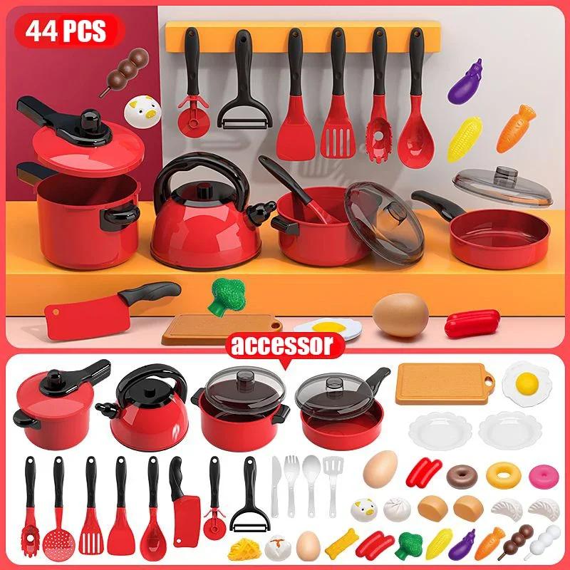 Kids Toys Pretend Play Red Kitchen Toys Simulation Food Cooking Girl's Boys Educational Play House Interactive Toys for Children