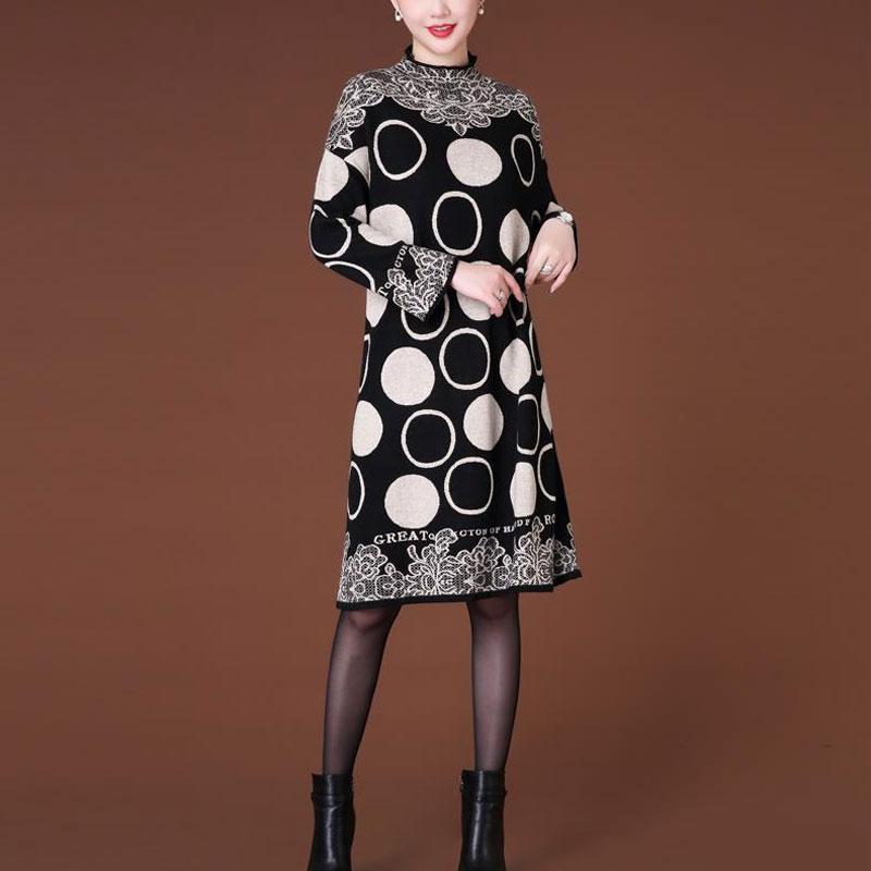 Fashion Vintage Printed Midi Dress Women's Long Sleeve Casual Polka Dot Autumn Winter Half High Collar Knitted