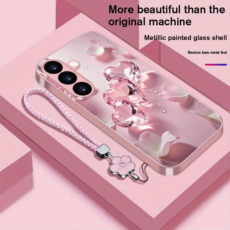 Capa de telefone de vidro com pintura metálica de coração de flor adequada para Samsung Galaxy S26 S25 S24 S23 S22 S21 S20 FE/Ultra/Plus anti-queda
