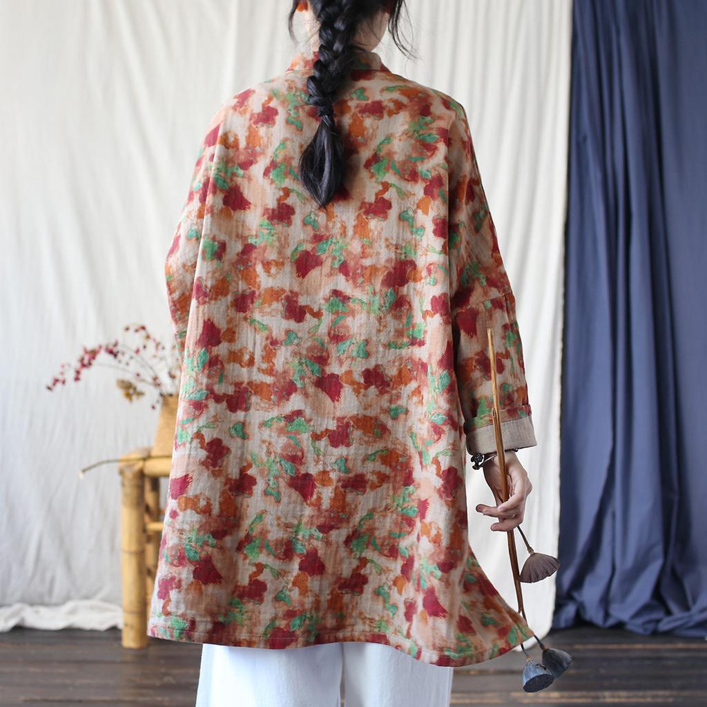 Johnature Women Vintage Print Floral Stand Long Sleeve Spring Autumn Button Pockets Coats