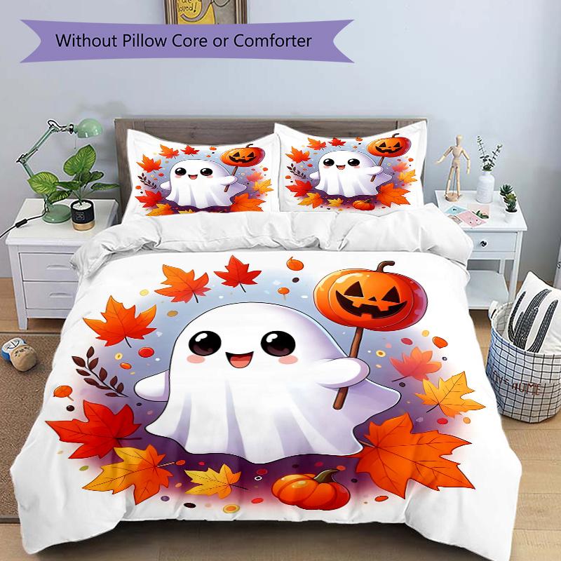

3 шт. Комплект постельного белья с принтом «Счастливые призраки и тыквы», Мягкий и удобный пододеяльник для спальни, гостевой комнаты (1 пододеяльник + 2 наволочки, П 135x200cm