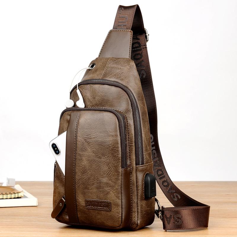 Men's Outdoor USB Chest Bag Crossbody Bag Retro PU Shoulder Bag