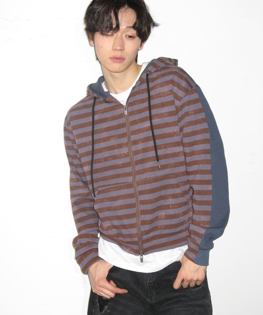 Someplace Man Striped Asymmetrical Layered Color Block Casual Zip-Up [Navy]
