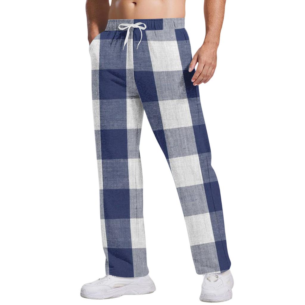 Men's Casual Pants With Pockets | Stripe Checkered Printed, Loose Straight Leg, Elastic Waist With Drawstring For Daily & Casual Wear