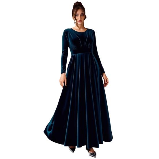 Damen Samt Maxi Kleid Lässig Rundhals Langarm A-Linien Swing Kleid Herbst Cocktailparty Formelles Kleid für Hochzeitsgast