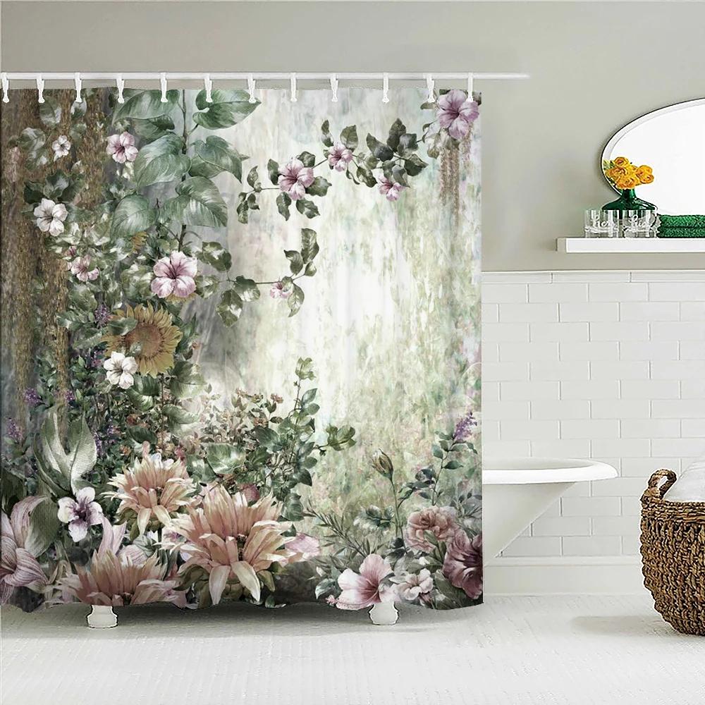 Romantic Retro Blooming Flowers Shower Curtain Garden Bath Curtains Waterproof Polyester Bathroom Shower Curtains Set with Hooks