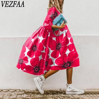 Moda Donna Primavera Autunno Stampa Motivo Floreale Maniche 3/4 Girocollo Vita Ampia Abiti Casual
