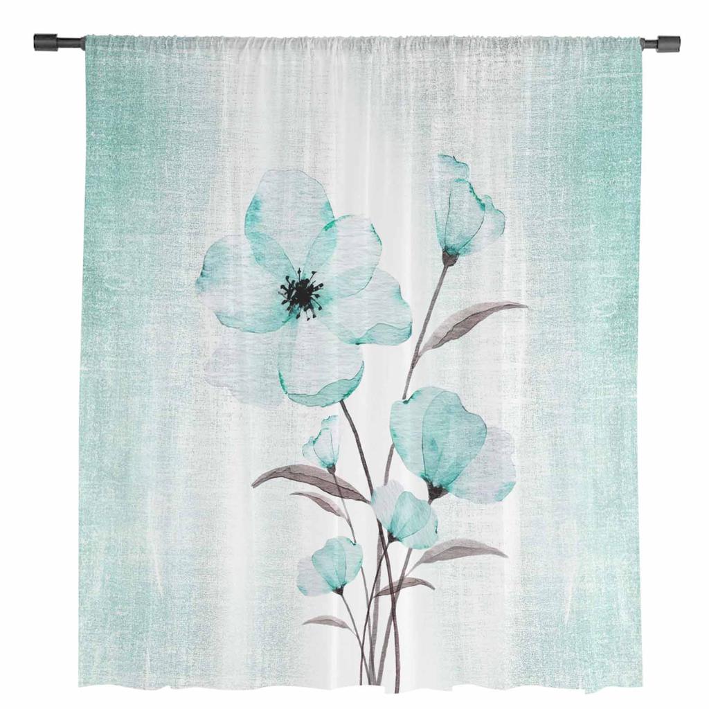Flower Gradient Turquoise Sheer Curtains for Living Room Decoration Window Curtains for Kitchen Tulle Voile Organza Curtains