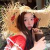 Boho Lafite Grass Hat Embroidered Flower Wide Brim Weave Hat Hollow Out Visor Embroidered Flower Straw Hat Party