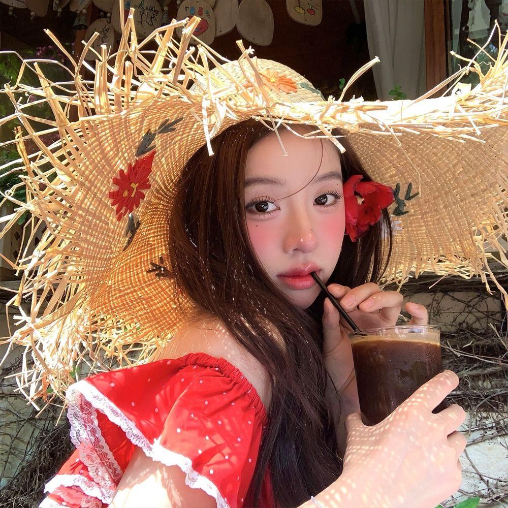 Boho Lafite Grass Hat Embroidered Flower Wide Brim Weave Hat Hollow Out Visor Embroidered Flower Straw Hat Party