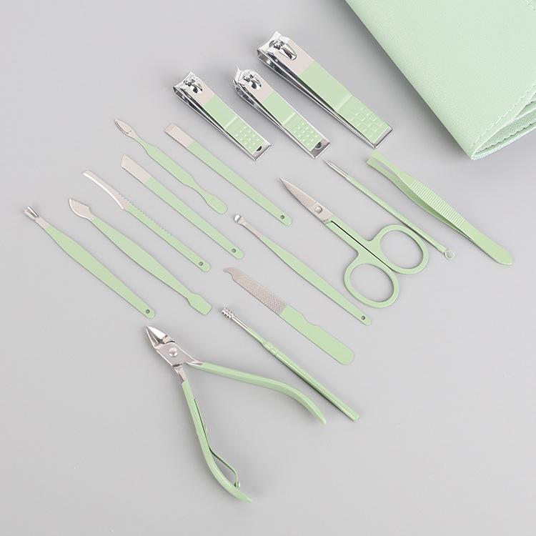16-Piece Matcha Green Manicure Set: Nail Clippers, Scissors & Tools In Folding Bag