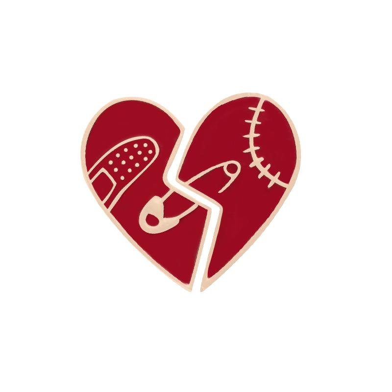 2Pcs/Set Broken Red Heart Brooches Cartoon Enamel Pins Metal Custom Button Denim Jackets Badges Jewelry For Couple Friends Gift