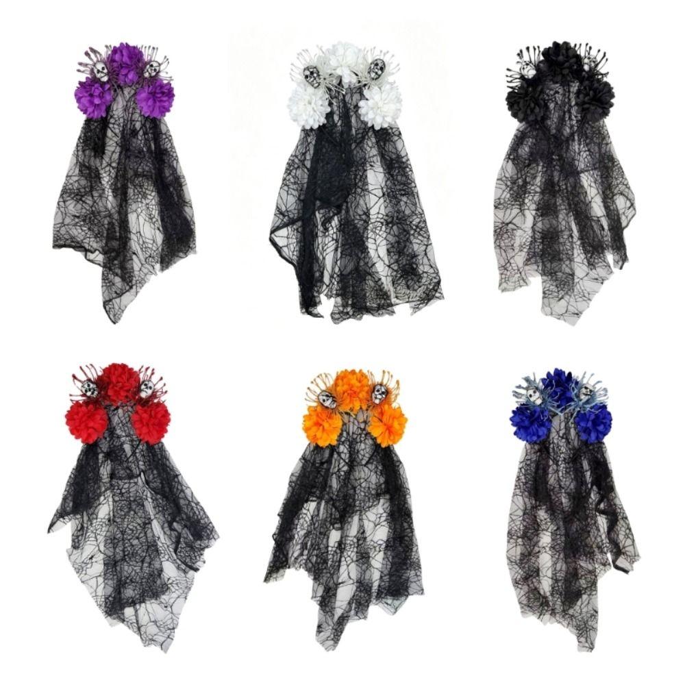 Sheer Mesh Skull Headband Dark Purple Skull Headwear Stylish Floral Veil Headband Halloween Party