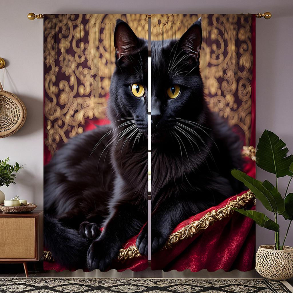 2 st set HD soffa på svart katt dekorativ gardin Svart slips digitaltryckt gardin heminredningsstil dekoration vardagsrum ro