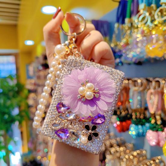 Strass Doppel-Taschenspiegel Schlüsselanhänger Klein Bling Reise Klapp-Kosmetikspiegel Perlenkette Taschenanhänger für Damen Geldbörse Handtasche Geldbörse Zubehör