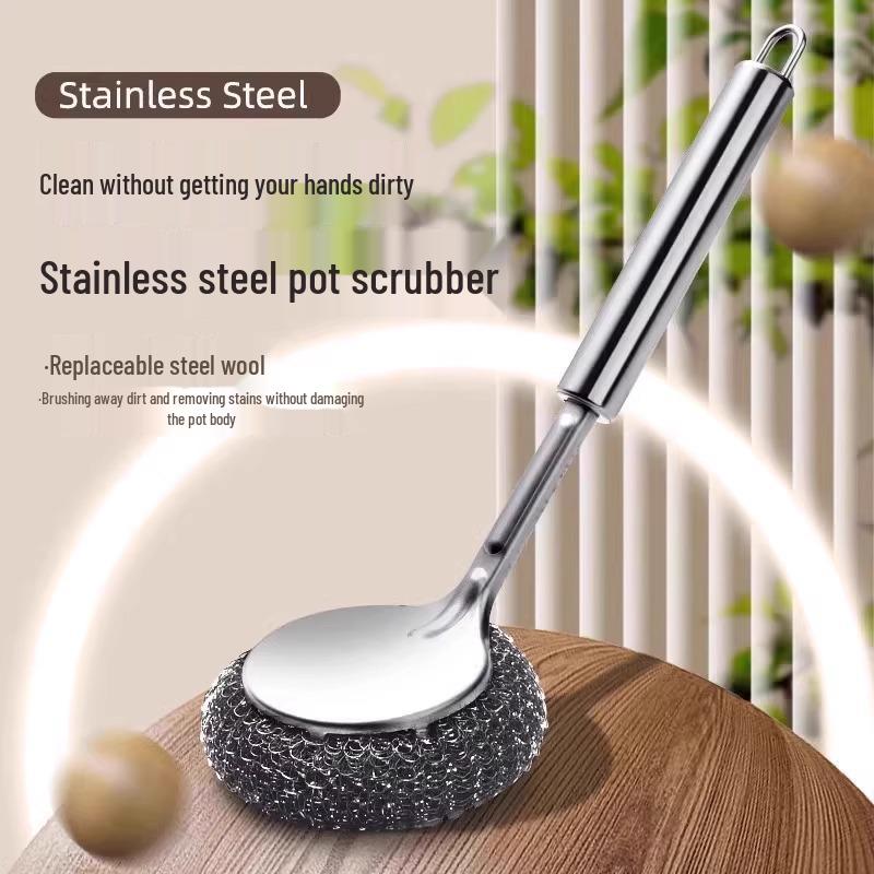 Stainless Steel Long Handle Pot & Bowl Brush with Non-Shedding Wire for Safe Dishwashing