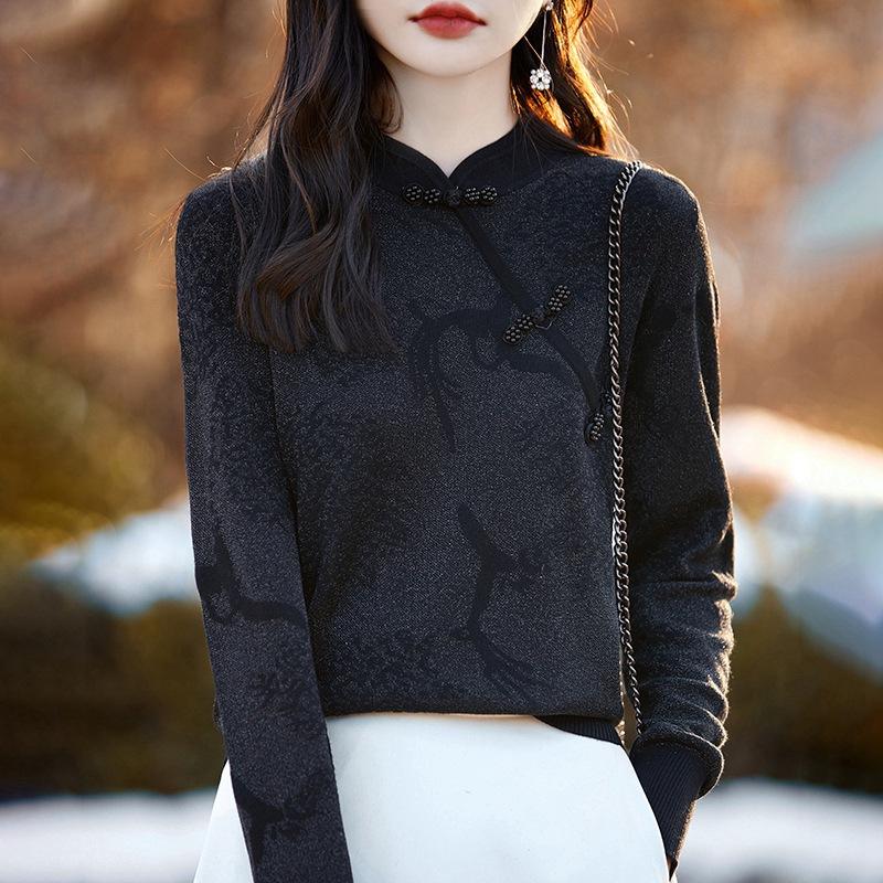 

Вязаный свитер в китайском стиле, Женский кардиган на пуговицах с цветочным жаккардом, Воротник-стойка, Весенний, Ретро, Базовый слой XXL чёрный