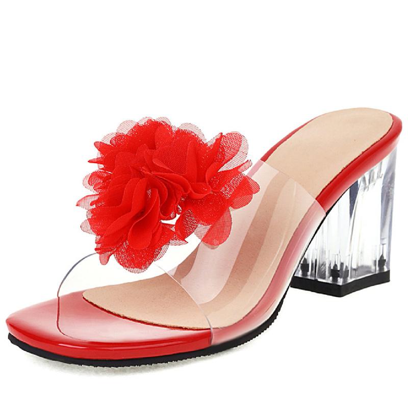 Clear Heels Women's Slippers Sweet Bowtied Summer Shoes PVC Transparent Sandals Women Yellow White Party Shoes Large Size 48