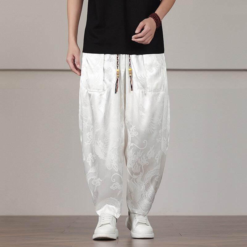

Mens Chinese Dragon Jacquard Drawstring Waist Loose Harem Pants M белый