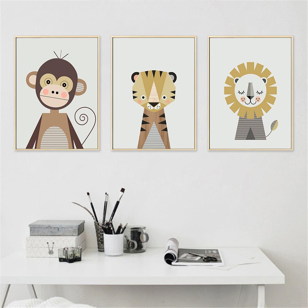Cartoon Geometric Animal Elephant Lion Tiger Decorative Painting Simple Home Porch Living Room Painting Canvas Painting Wall Art