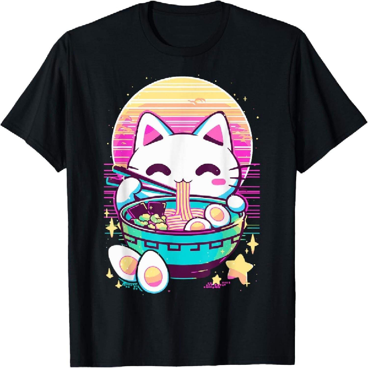 Anime Cat Eating Ramen Japanese Ramen Cat Japan T-Shirt S