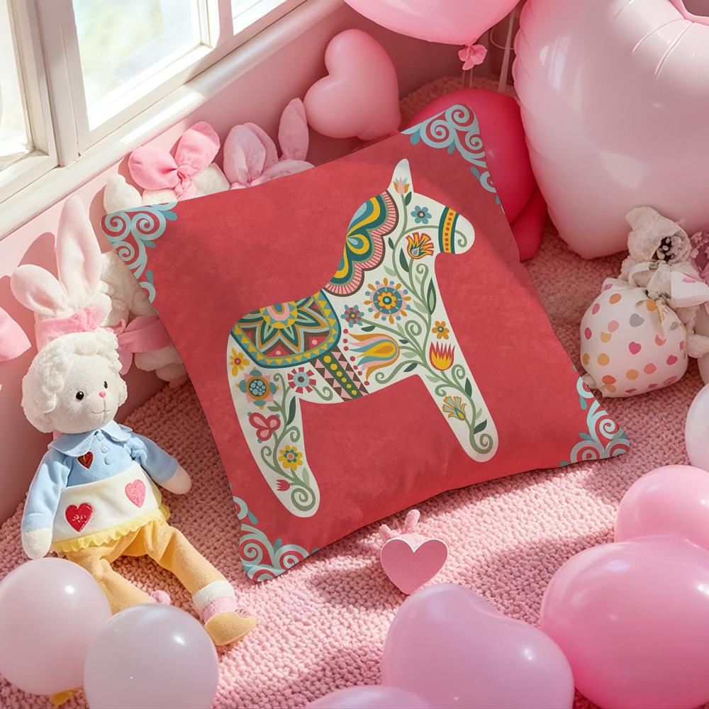 Dala Horse Print Cushion Cover Pattern Printed Pillowcase For Living Room Sofa Cushion Cover & Bedroom Decor