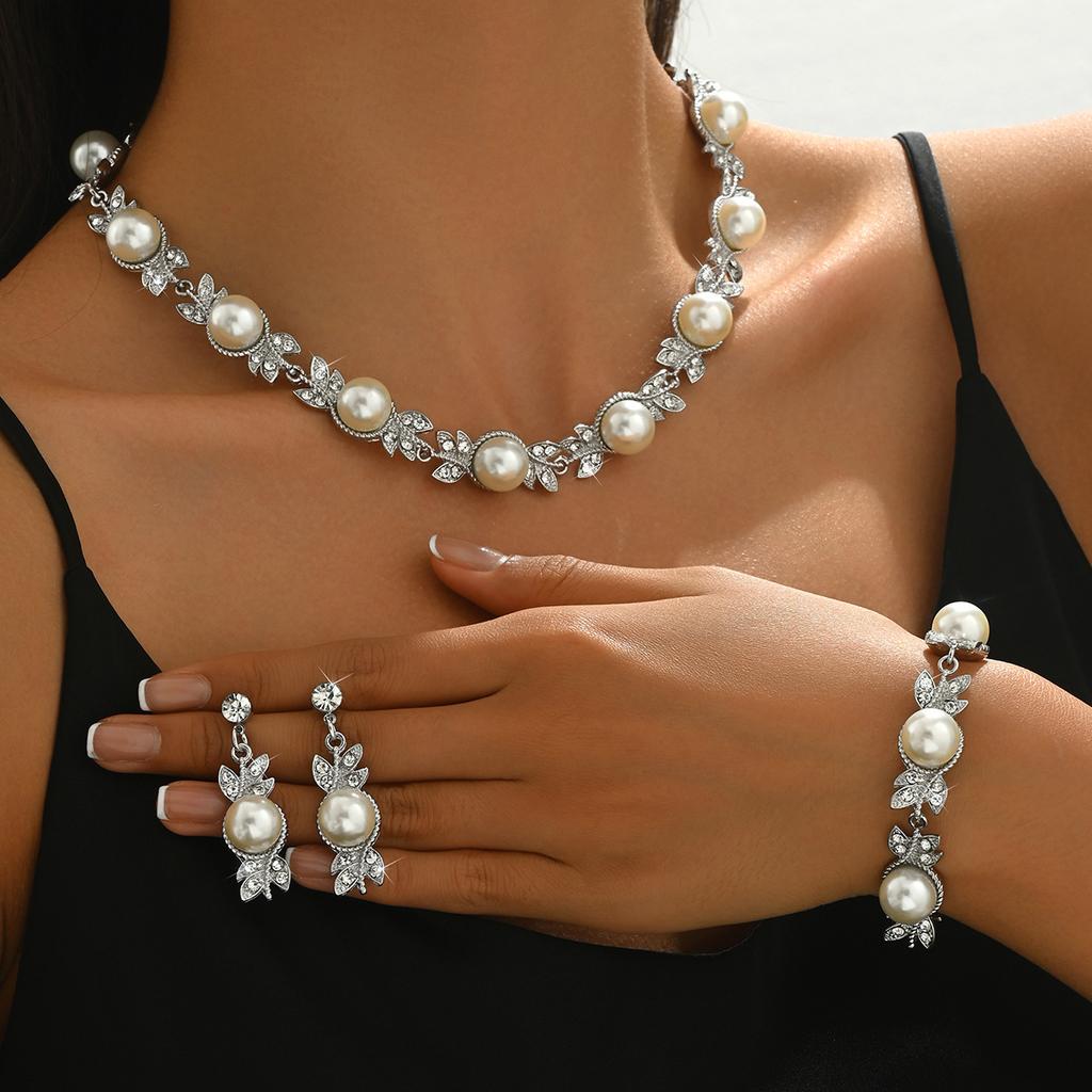 Accessories Vintage Pearl Necklace Earrings Bracelet Set, Bridal Accessories