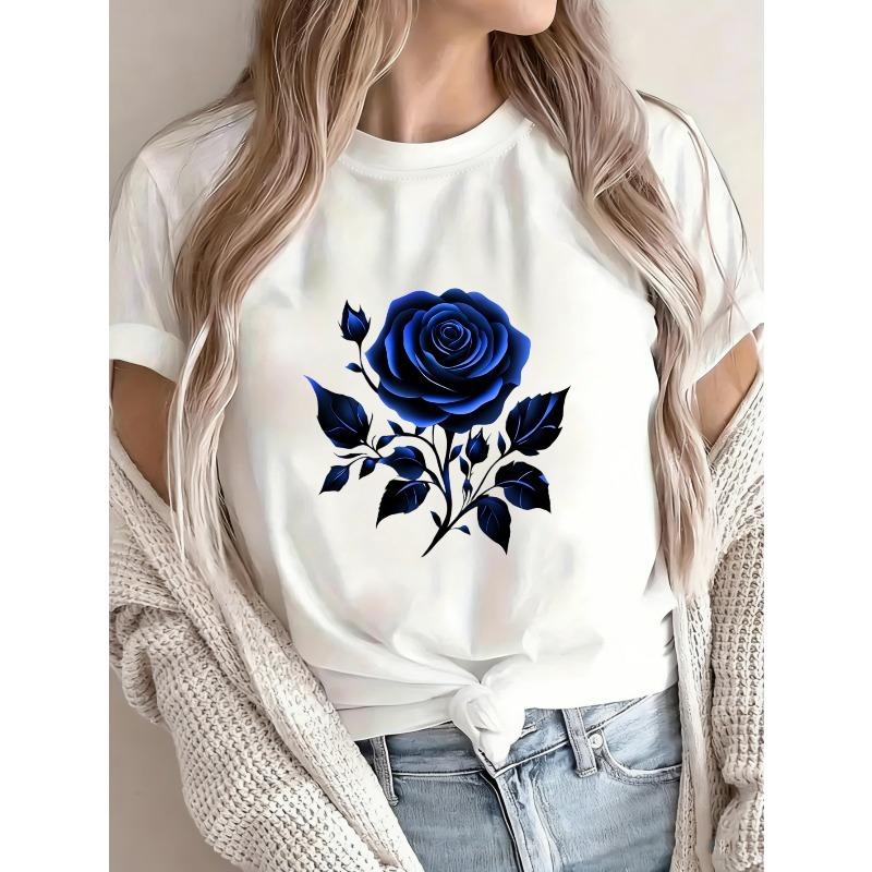 White Crew Neck T Shirt With Blue Rose Print For Casual Wear